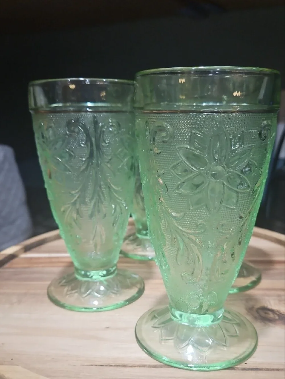 Vintage Tiara Green Embossed Pressed Glass Goblets - Set of 4